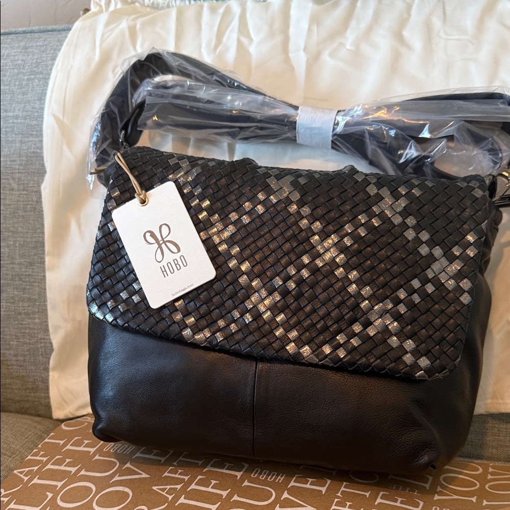 HOBO Harley Black Woven Leather Flap Shoulder Bag